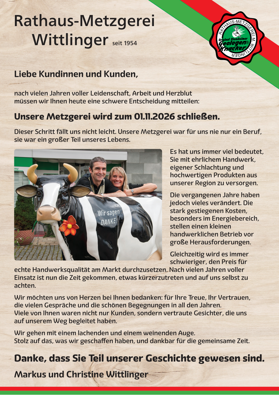 Abschiedsbrief von Markus und Christine Wittlinger: Die Rathaus-Metzgerei schließt zum 1. November 2026. Danke für Ihre Treue und Ihr Vertrauen.